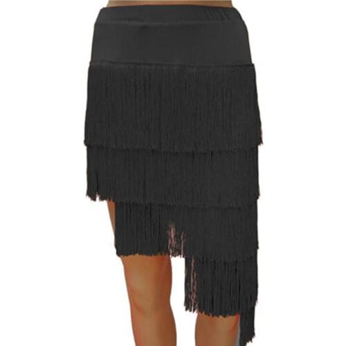 Black Tassel Skirt Women High Waist Stretch Slim Bodycon Pencil Fringe Asymmetrical Skirts Dancewear Adult Lady Dance Skirts