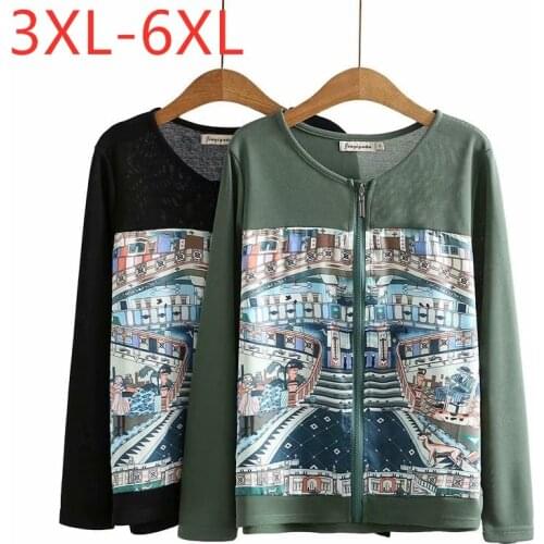 New 2021 Ladies Spring Autumn Plus Size Jacket For Women Large Long Sleeve Loose Green Print Zipper Coat 3XL 4XL 5XL 6XL