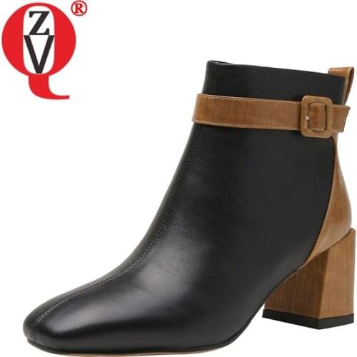 ZVQ Women winter Fashion Leisure short boots Genuine Leather Office Lady Shoes belt buckle decoration Square Toe Solid color