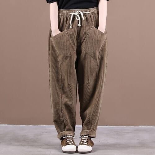 2020 Autumn New Arts Style Women Elastic Waist Loose Pants Big Pocket Cotton Corduroy Casual Harem Pants Femme Trousers M595