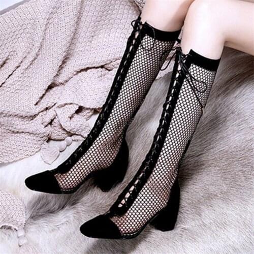 2021 Fashion Suede Summer Boots Hollow Out Gladiator Mesh Sandals Women Lace Up Knee High Boots Square Heel Long Boot