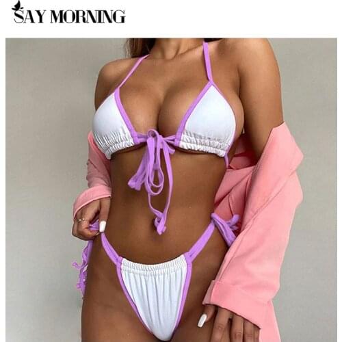 SAY MORNING Swimsuit Color Matching Drawstring Adjustment Triangle Cup Lace Sexy Split Womens Swimwear Bikini New 2021 Swimming