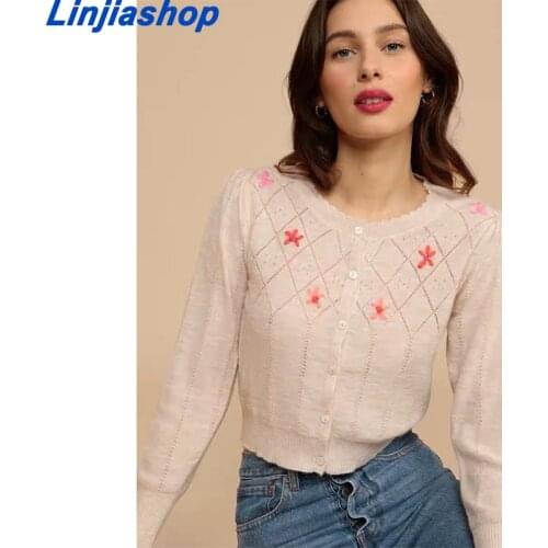 Floral Embroidery Women O-Neck Sweater Cardigan 2021 Early Autumn Ladies Single-Brested Slim Knitwear Tops
