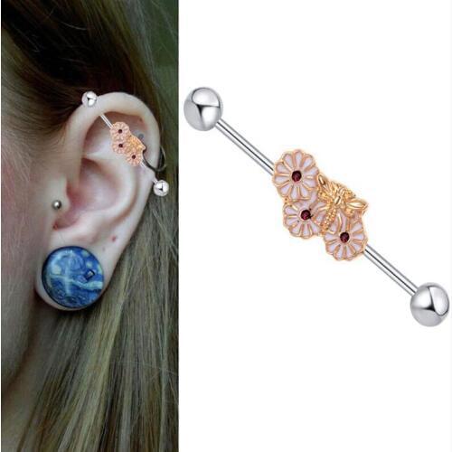 1 Piece 2019 New Stainless Steel daisy Flowers 14G Long Industrial Barbell Dragonfly Flower Body Ear Piercing Jewelry