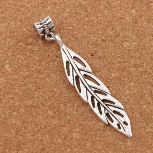 Long Hollow Feather Big Hole Beads 64.3x10.4mm 10pcs Zinc Alloy Fit European Charm Bracelets B308