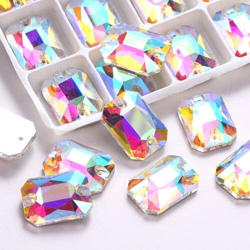 13x18mm 24 pcs Rectangular octagonal Clear Crystal AB Sew On Rhinestones Flatback 2 Holes Sewing Stones For Wedding Dress Y3268