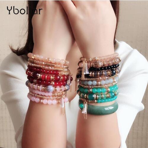 4pcs/Set Bohemian Stone Beads Bracelets for Women Vintage Crystal Ethnic Beaded Wrap Charm Bracelet Bangle Jewelry