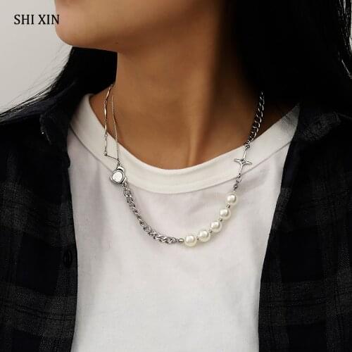 SHIXIN Asymmetry Stainless Steel Chain With Pearl Necklace for Women Punk Short Choker Colar Necklaces 2020 Fashion Neck Jewelry