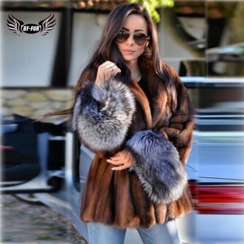 BFFUR Women Natural Mink Fur Jackets With Silver Fox Fur Sleeve Cuffs High Quality Winter Fshion Short Genuine Mink Fur Coats