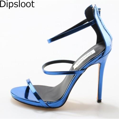 Summer Ladies Concise Solid Shiny Leather Straps Stiletto High Heels Sandals Women Sexy Gracile Strappy Party Dress Shoes EU 46