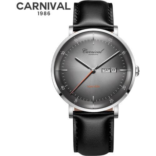 Fashion Ultra thin Mechanical Watch Men CARNIVAL Automatic Watch Self Wind MIYOTA Movement Leather Band Calendar Week Sapphire