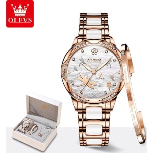 OLEVS Women Watch Fashion Ceramic Automatic Mechanical Watch Elegant Diamond Butterfly Waterproof Ladies Dress Wristwatch Clocks