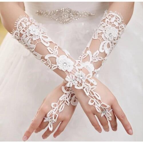 Long Lace Bridal Gloves Lady Formal Banquet Gloves for Bride Evening Party White guantes novia