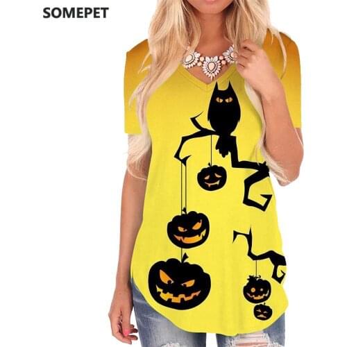 SOMEPET Pumpkin T Shirt Women Halloween Shirt Print Bat Tshirts Printed Moon V-neck Tshirt Womens Clothing Hip hop Casual Tops