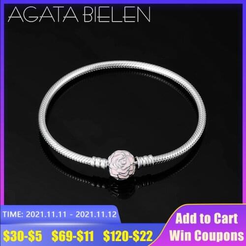 Hot Sale 925 Sterling Silver Pink Rose Enamel Flower Fine Charm Snake bone chain Bracelet for Women Girl DIY Fashion Jewelry