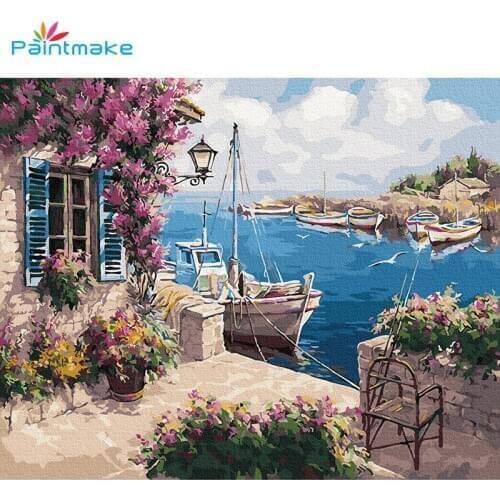 Paintmake DIY Paint By Numbers Sea house Oil Painting On Canvas For Home Art Decor Digital Painting Hand-painted Kids