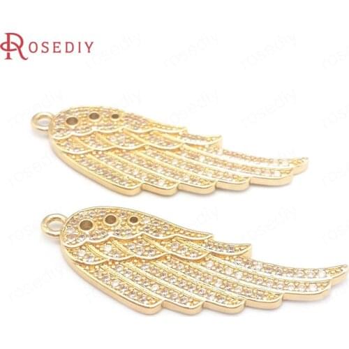 40700)4PCS 37x12.5MM 24K Champagne Gold Color Brass and Zircon Wing Charms Pendants Jewelry Making Supplies Diy Accessories