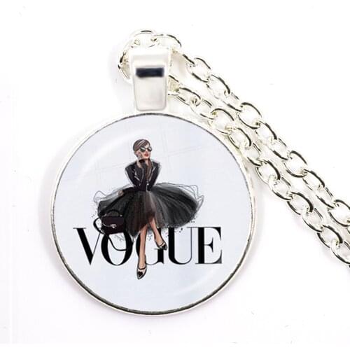 Vogue Letter 25mm Glass Cabochon Pendant Necklace Harajuku Female Fashion Sweater Chain Jewelry For Women Men Gift