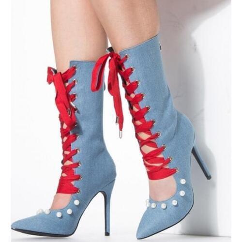 Moraima Snc Womens Denim Boots Pointy Toe Stiletto Heel Lace up Boots with Pearls Summer Cutouts Ankle Boots