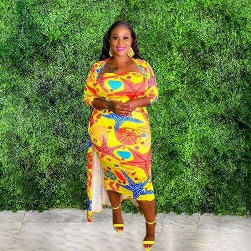 2021 New Arrival Fashion Design 2 pcs Women Set Print Open Stitch X-Long Outwear and Strapless Maxi Dress Sexy Club Outfits