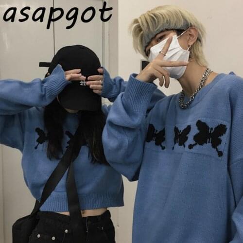 Pullovers Knitwear Blue Butterfly Embroidery Couple Sweaters Fall Winter Loose Vintage Fashion Korean Chic White Tops Pull Femme