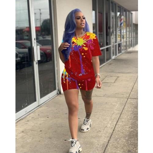2PCS Splash Printed Shorts Tracksuit Crew Neck Short Sleeve Sporty T Shirt Top with Pockets+Loose Mini Shorts Casual Loungewear
