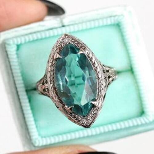 Antique Green Stone Marquise Big Rings For Women Silver Color Filled Horse Eye Zircon May Birthstone Ring For Female Wedding