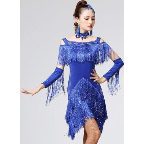 Women Dance Clothes Ballroom Samba Costume Party Dresses Stretchy Fabric Fringes Latin Dress + Necklace