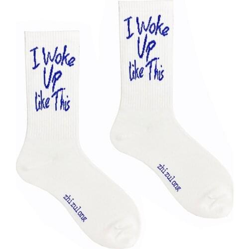 Street Fashion Cotton Adult Short Middle Calf Crew Golf Socks Hipster Humor Words English Neon Green Control I Woke Up Like This