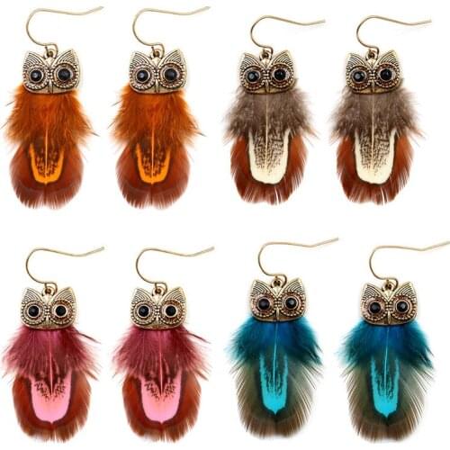 Vintage Animal Owl Alloy Feather Woman Earrings Bohemian Fashion Punk Style Exaggerated Stud Accessories Wholesale