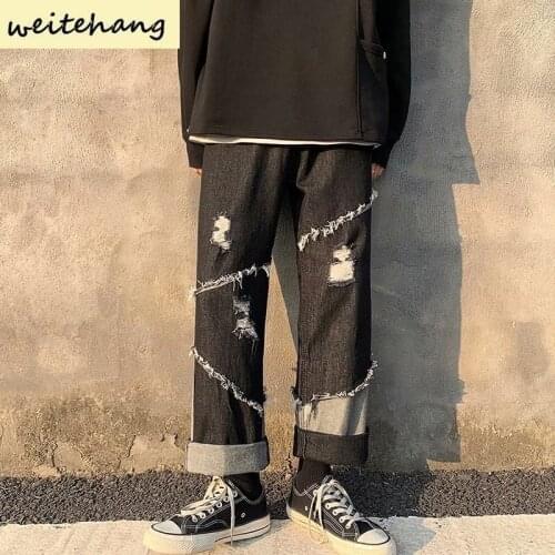 Spring High Street Long Pants Splicing Tassel Jeans Personality Loose Wide Legs Pants Straight Tube Trousers Man Casual Jeans365