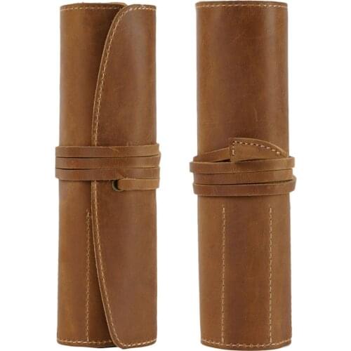 Vintage Retro Roll Leather Pen Pouch Holder Pencil Bag Pen Case for Rollerball Fountain Ballpoint Pen