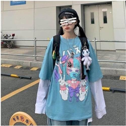 Womens T-shirt Long-sleeved Fake Two Pieces Kawaii Clothes Autumn Winter 2021 New Student Korean Harajuku Style Loose Print Top