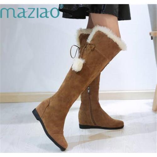 Thigh High Women Shoe Solid Color Round Head Lace Up Suede Boots Casual Over The Knee Boots Low Heel Shoes MAZIAO