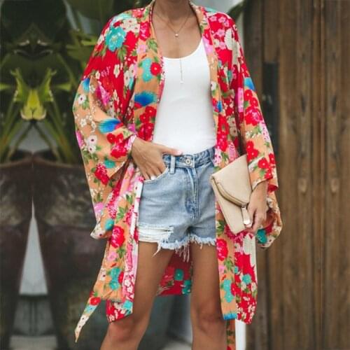 Spring Autumn Women Bohemian Floral Casual Loose Long Blouse Long Sleeve Kimono Long Cardigan Flare Sleeve Print Thin Shirt 2021