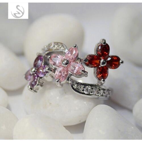 Fleure Esme Luxury Engagement Wedding rings Jewelry for women red pink Purple flower Cubic Zirconia Rhodium Plated R222 size 7 8