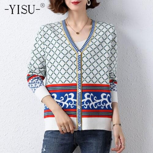 YISU 2021 Autumn Casual Women Sweater Cardigan Printing O-Neck Autumn top Long sleeve Coat Female Fashion Knitted Cardigan