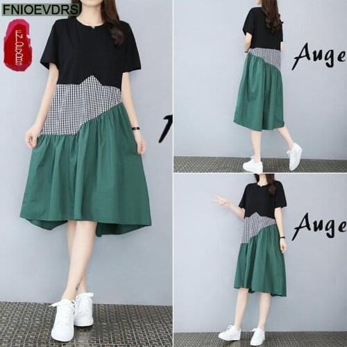 2021 Summer Women Patchwork Plaid Casual Loose Lazy Woman Plus Size Dress