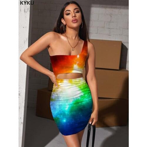 KYKU Brand Galaxy Dress Women Nebula Pleating Colorful Bodycon Dress Space Halter Sleeveless Womens Clothing Mini Evening Beach