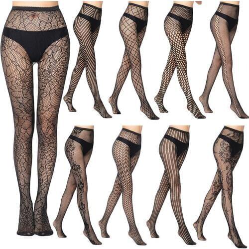 Women Sexy Lingerie Stripe Elastic Stockings Transparent Black Long Fishnet Stocking Thigh Sheer Tights Embroidery Pantyhose