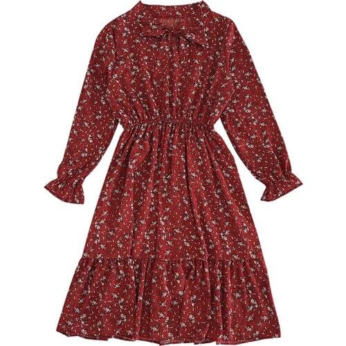Womens Chiffon Dress Vintage Floral Printed Long Sleeve Classic Bow Midi Spring and Autumn Clothes