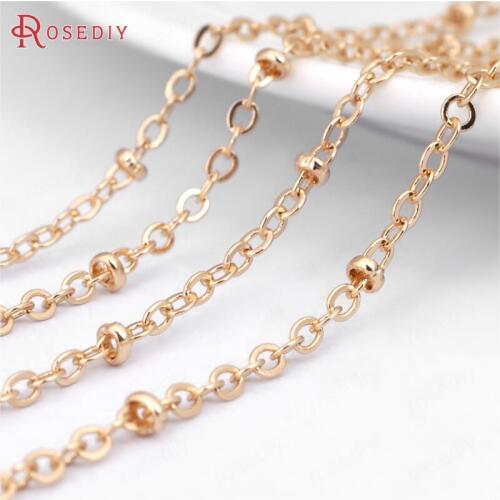 31193)2 meters width 2MM 24K Champagne Gold Color Plated Copper Flat O Shape chain with Station Beads Necklace Chains
