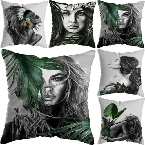 45*45cm Abstract Green Plant Girls Cushion Case Home Decorative Lumbar Fashion Pillow Cover Sofa Car Cushion Cover Decor