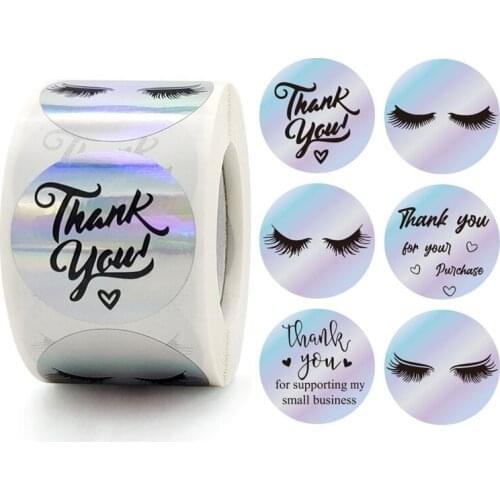 500pcs Thank You Business Stickers Paper eyelash laser cartoon Label Sticker Rainbow Silver Roll Adhesive Shipping holographic