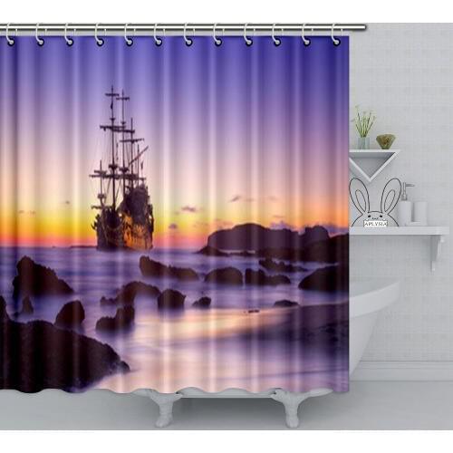 Aplysia Pirate Ship at the Open Sea at the Sunset Decor Shower Curtain for Bathroom 66 x 72 Inches Waterproof with Hooks