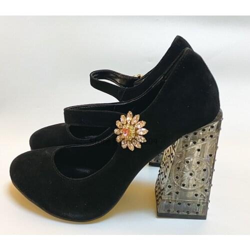 Plus Size 43 Women Block 10cm High Heels Lady Clear Block Heels Pumps Suede Ankle Strap Female Wedding Transparent Chunky Shoe