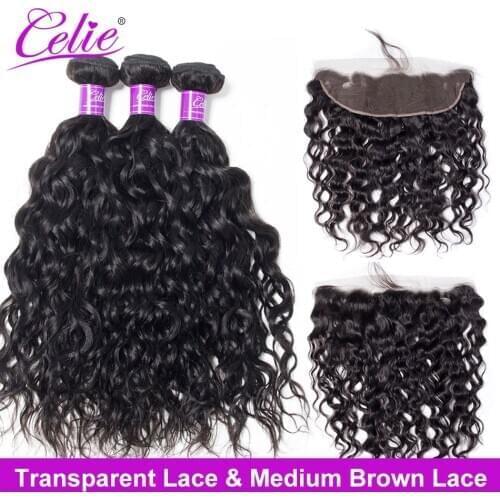 Celie Brazilian Water Wave 3 Bundles With HD Transparent Lace Frontal Closure Remy Natural Wave Human Hair Bundle With Frontal