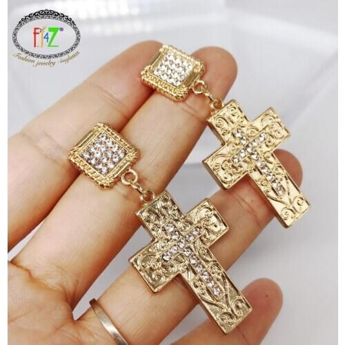 F.J4Z New Golden Cross Dangle Earrings Ethic Sparkling Crystal Statement Earrings Pop Ladies Earrings Gifts dropshiop