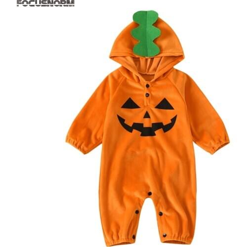 FOCUSNORM Halloween Custom Infant Baby Girls Boys Rompers Pumpkin Print Long Sleeve Hooded Autumn Warm Jumpsuits