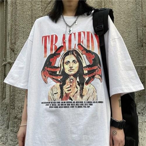 Cotton Material Creative Hip Hop T Shirts Vintage Letters Printed Women Streetwear Oversized Tshirts 2021 Summer Harajuku Tops